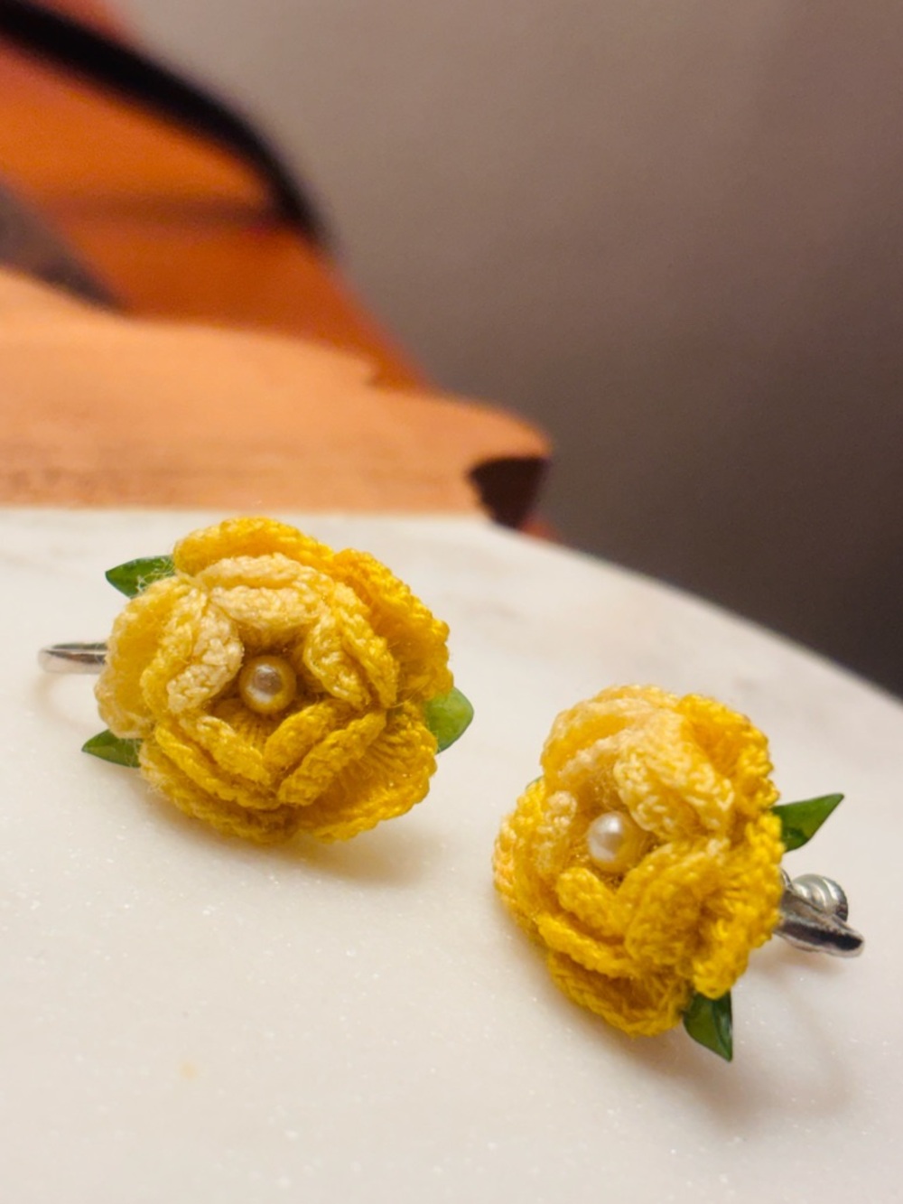 Yellow Crochet Flower Antique Clip On Earrings Pearl Center